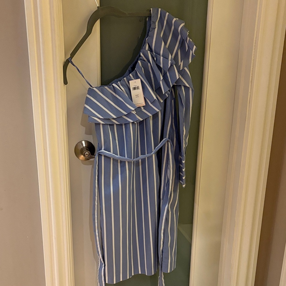Banana Republic Blue & White One-Shoulder Ruffle Stripe Dress with Waist Tie